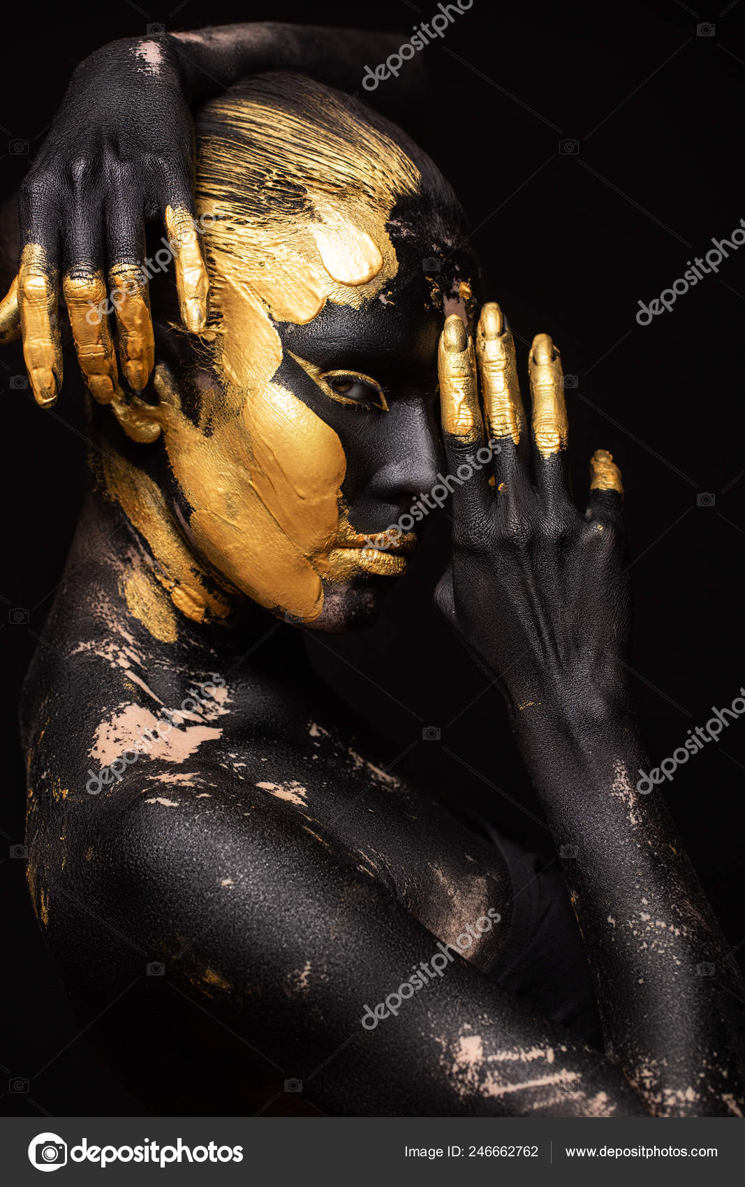 Portrait Beautiful Young Woman Gold Paint Her Body Stock Photo by